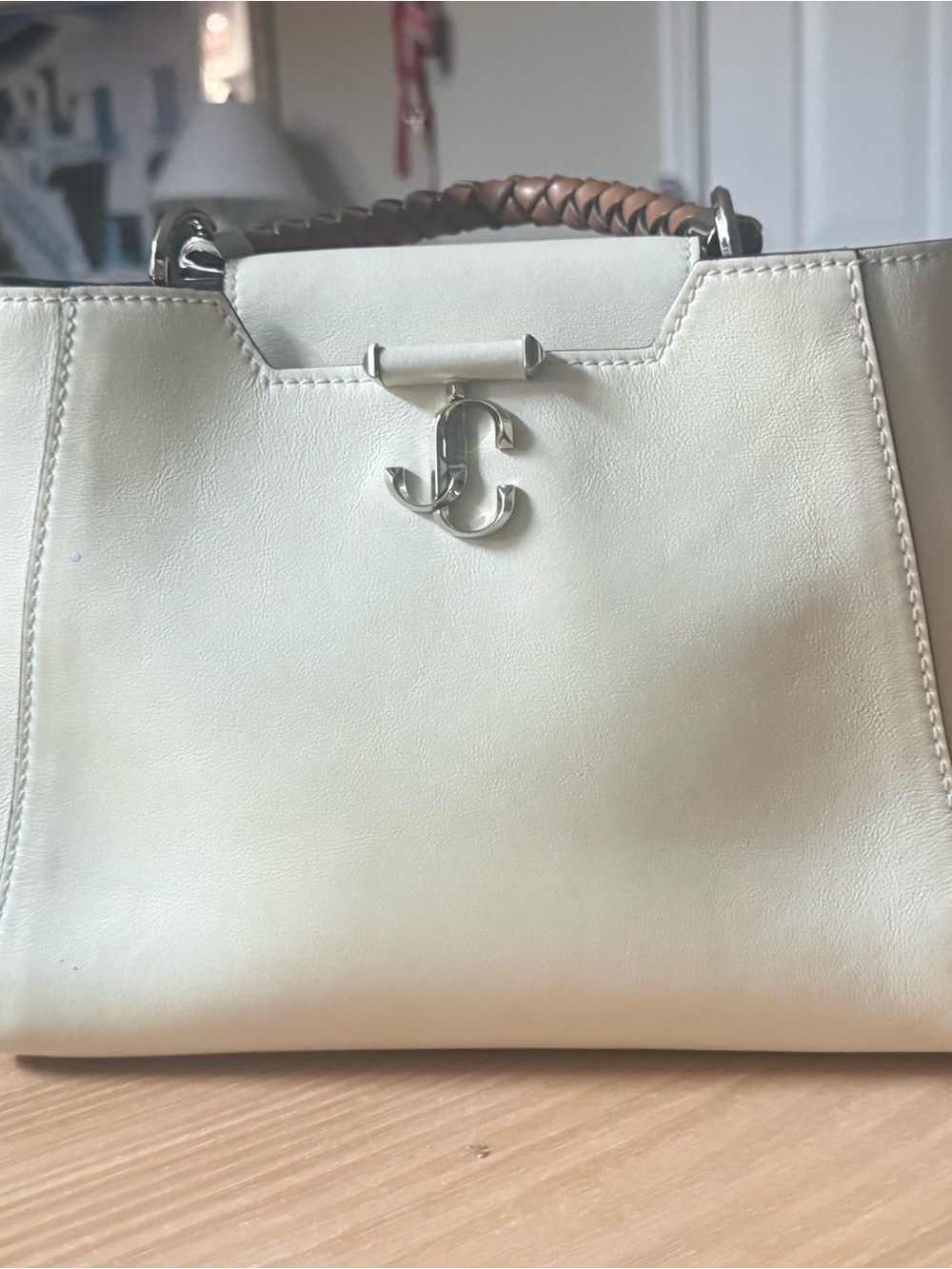Jimmy Choo Cream Leather Top-Handle Satchel with Braided Handle